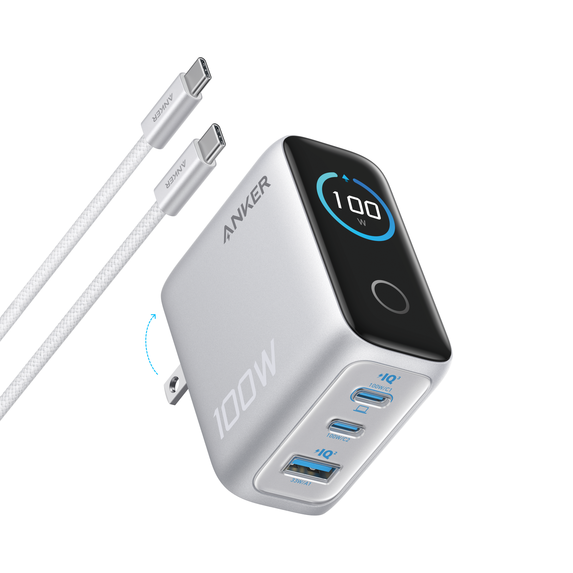 Anker Charger (100W, 3 Ports, Smart Display)