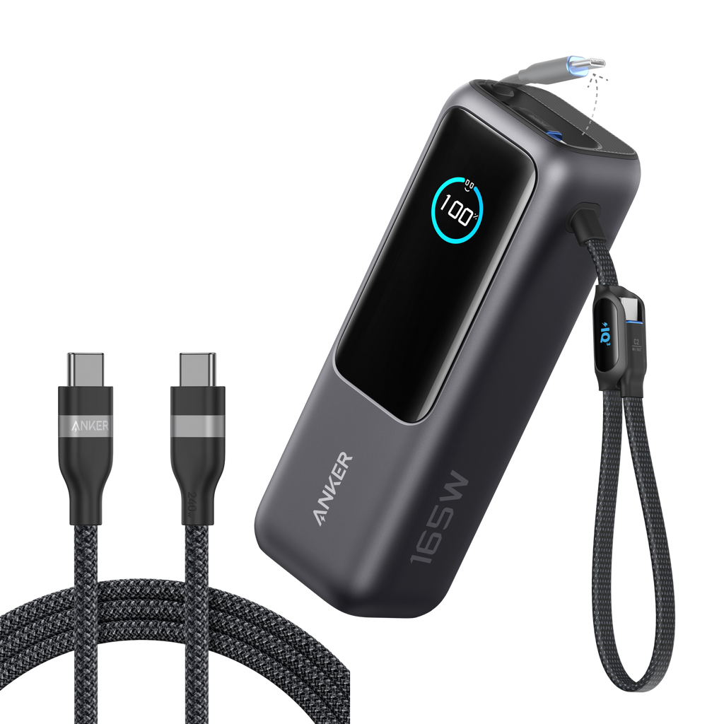 Anker Laptop Power Bank (25K, 165W, Built-In and Retractable Cables) and Anker USB-C to USB-C Cable (6 ft, 240W, Upcycled-Braided)